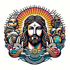 A colorful illustration of a jesus christ with a beard illustration art realistic.