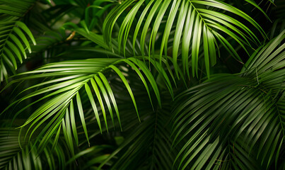 A vibrant and lush background of tropical palm leaves, perfect for use in nature-themed designs, tropical party invitations, or as a relaxing desktop wallpaper.