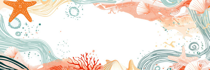 Sea life banner with starfish, coral, and shells in pastel colors. Panoramic web header. Wide screen wallpaper with copy space