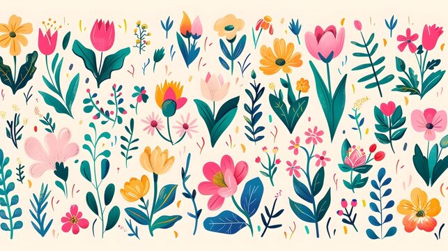 Fototapeta Vibrant Hand Drawn Floral Doodle Collection for Seamless Patterns and Backgrounds Generative ai
