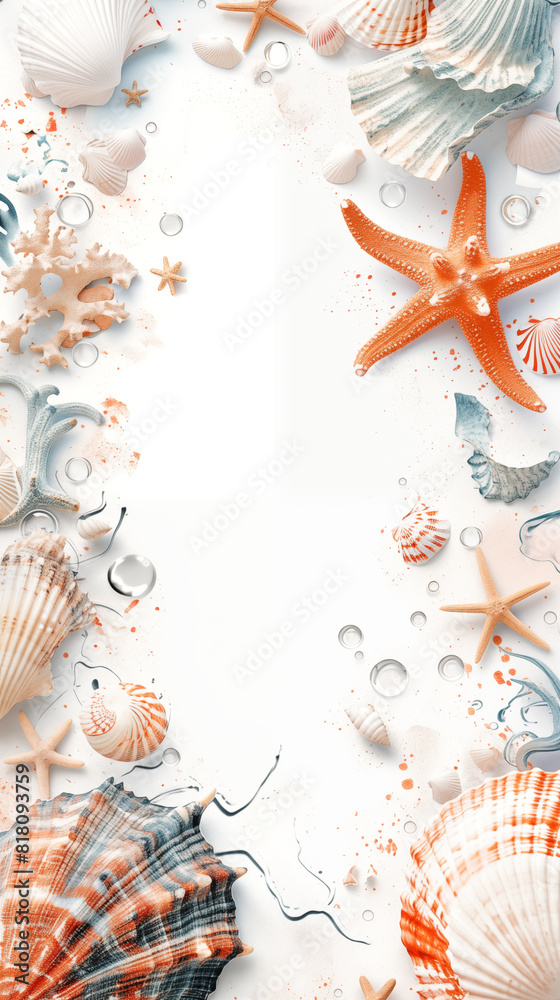Wall mural starfish and shell poster frame with copy space and coral elements in soft hues