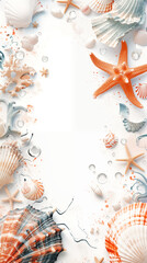 Starfish and shell poster frame with copy space and coral elements in soft hues