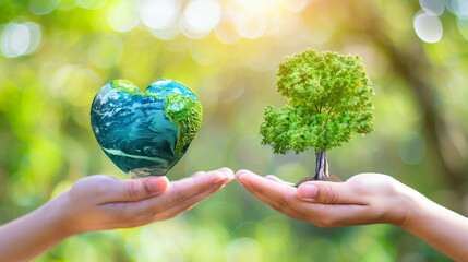 Two hands holding the earth and the heart shape of a tree over a blurred green natural background for World Earth Day