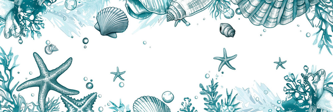 Abstract marine themed background banner with seashells and coral. Panoramic web header. Wide screen wallpaper with copy space