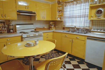 Vintage 1960s kitchen with yellow cabinetry and a cozy breakfast nook