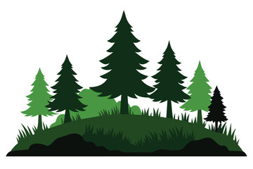 Forest, constructor kit. Silhouettes of beautiful spruce trees, grass, hill. Collection of element for create beautiful forest, park, woodland, landscape