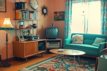 Cozy and compact 1960s living room with retro furniture, tv, and decor