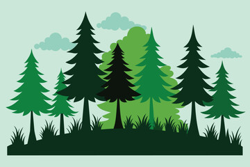 Forest, constructor kit. Silhouettes of beautiful spruce trees, grass, hill. Collection of element for create beautiful forest, park, woodland, landscape