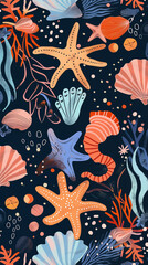 Marine life. Starfish, seashell, coral and seaweed on dark background