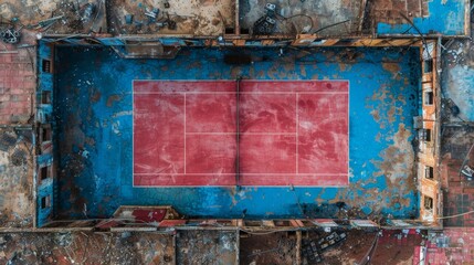 Aerial Drone View of a Minimalist Tennis Court with a Soft Pink Floor. Serene 4K Wallpaper for Sports Enthusiasts, Architectural Design, and Elegant Simplicity.