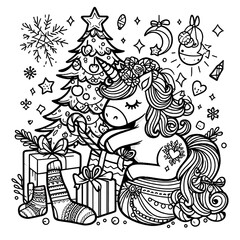 A coloring page of a unicorn meaning attractive art used for printing.