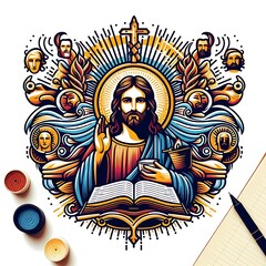 A drawing of a jesus christ holding a book and a pen image card design has illustrative image has illustrative.