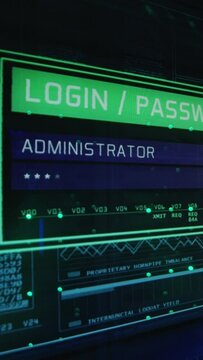 Close up shot of a computer login screen in a modern data center then appear message ddos attack. Vertical shot.