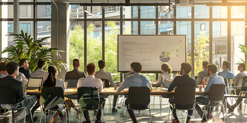 Obraz premium People sitting at conference table in front of projector screen