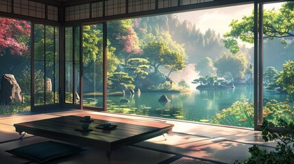 Fototapeta premium Dining room with a Japanese design, featuring tatami mats, a low wooden table, and a view of a zen garden
