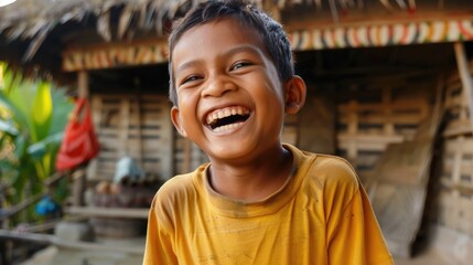 A young boy beams with happiness, showcasing the beauty of genuine joy and the power of a carefree spirit.