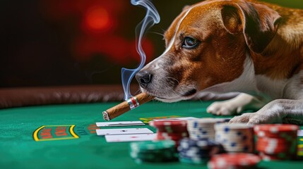 A dog is smoking a cigar at a poker table.