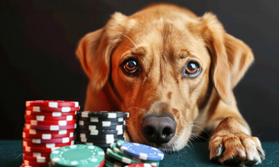 A dog is sitting at a poker table with a stack of chips in front of him. 