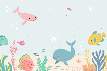 Cheerful Underwater Cartoon Friends: Dolphins, Fishes, and Bubbles Illustration