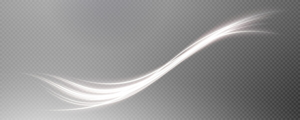 Vector png background with white glowing lines. White glowing lines of speed. Light glow effect. Light trail wave, fire trail line and glow curve swirl.