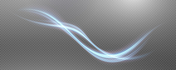 Vector png background with blue glowing lines. Blue glowing lines of speed. Light glow effect. Light trail wave, fire trail line and glow curve swirl.