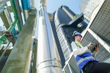 Industrial engineer adjusting pipeline valve with radio communication on construction site....