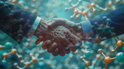 Double exposure of a business handshake overlaid with molecular structures and research data