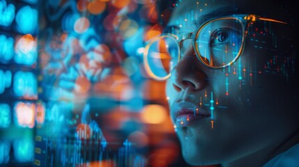 Double exposure of a biotech engineer with research data and stock market fluctuations in the background