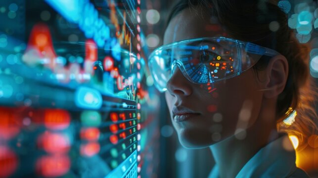 Double exposure of a biotech engineer with research data and stock market fluctuations in the background