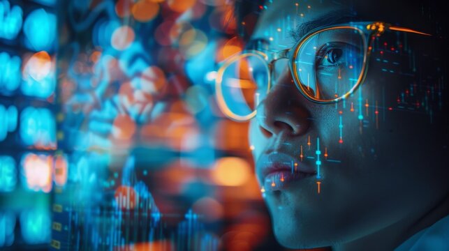 Double exposure of a biotech engineer with research data and stock market fluctuations in the background - Powered by Adobe