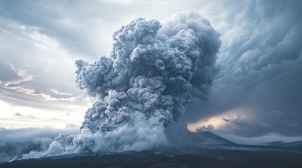 Ashen grey pyrocumulus clouds exploding into the sky above a volcanic eruption.