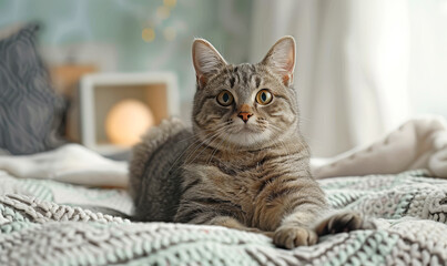 Charming Striped Gray Cat Lounging on Textured Knitted Bedspread in Cozy Home Setting with Soft Daylight