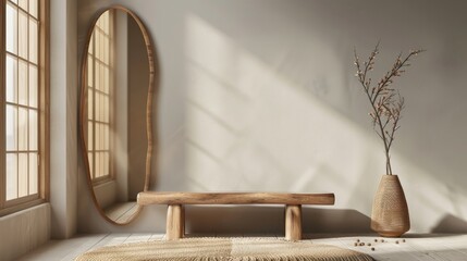 Organic shaped asymmetrical mirror with a wooden frame on the wall in front of the bench, wabi sabi interior design