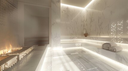 A serene spa room featuring a marble interior, ambient lighting, and a cozy fireplace, perfect for evening relaxation. Rolled towels neatly arranged on the bench enhance the tranquil atmosphere.