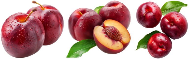 Juicy fresh nectarines bundle, top down and front view, whole fruit and cut in halfs, isolated on a transparent background