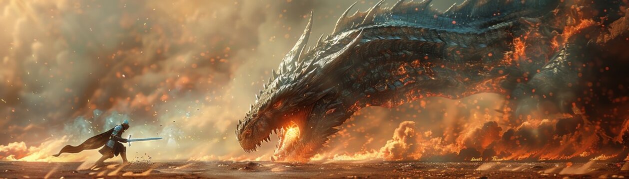 A knight fighting a dragon with the flames of hell in the background.