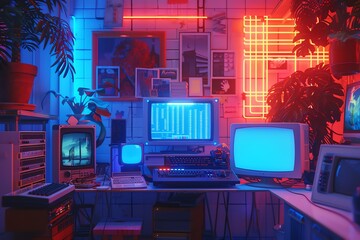 A retro-futuristic themed room. There are several CRT monitors, a keyboard, and a mouse on the desk. The room is lit by neon lights, and there are posters and plants on the walls.