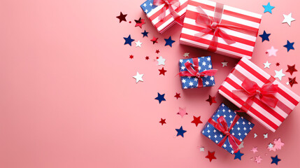 Gift boxes with USA flag and stars on pink background.