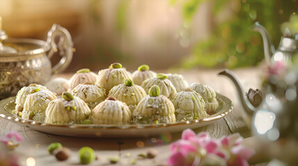 Making keto eid kahk using almond dough and pistachio filling healthy sweets with blurred background
