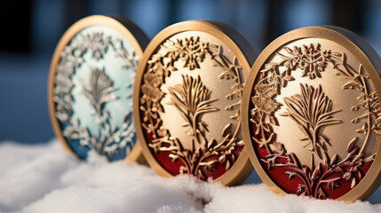 Naklejka premium Gold, Silver, and Bronze Medals on Snow Highlighting Victory and Achievement