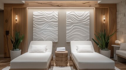 A serene spa lounge with two plush white loungers, elegant wall art, and soft lighting, creating a relaxing ambiance for unwinding in the evening.