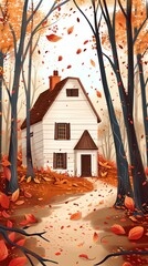 Small cozy house in the middle of the autumn forest. The leaves are falling and the weather is getting colder.