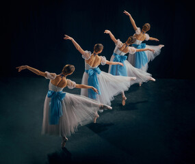 Four ballerinas in beautifully choreographed pose, their white tutus with blue bows gracefully...