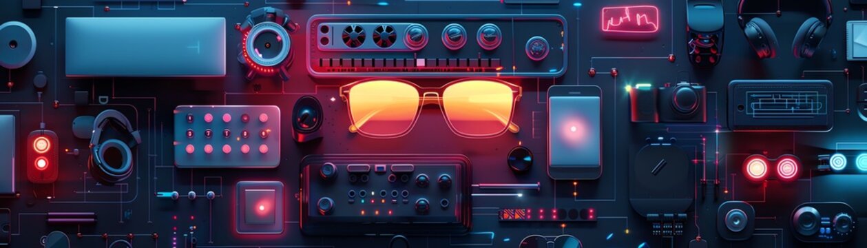 Retrofuturistic spaceship control panel with glowing orange lights and red buttons.