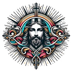 A graphic design of a jesus christ with a beard and a cross image lively realistic art.
