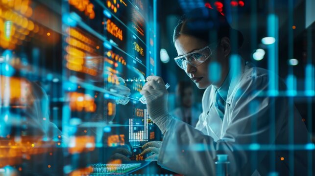 Double exposure of a scientist working with cell cultures, combined with digital financial graphs and business data