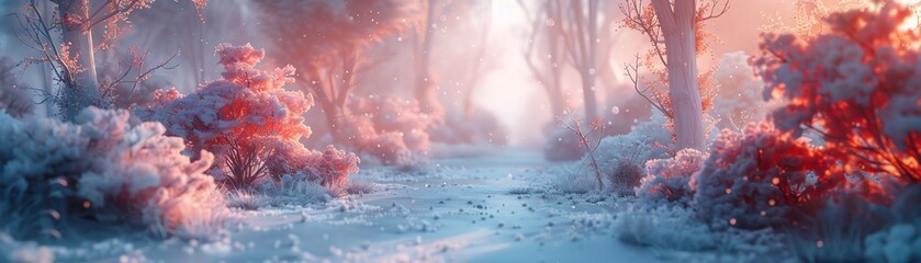 The image is a winter wonderland. The snow is falling, the trees are bare, and the air is crisp. It is a beautiful and peaceful scene. - Powered by Adobe