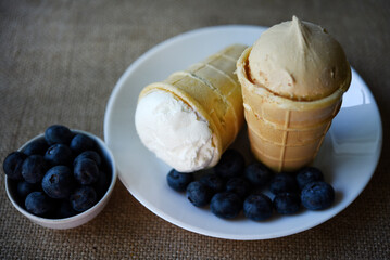 Creamy ice cream and blueberries on a white plate. Blueberry ice cream.