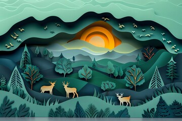 The image shows a beautiful landscape with mountains, trees, and deer