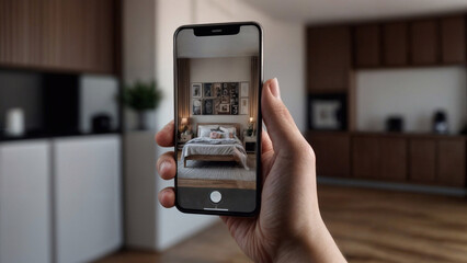 A hand holding a phone displaying a picture of a living room